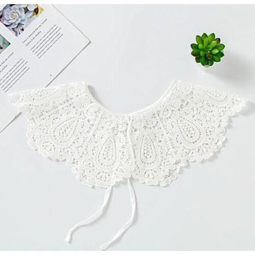 Women Lolita Decorative Fake Doll Collar Lace Shawl Capelet Hollow Out Embroidery Dickey Mini Cape Self-Tie Ribbon Sheer Mesh Ne