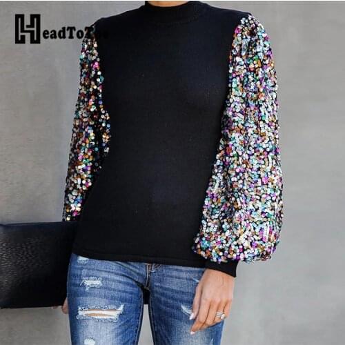 Mock Neck Lantern Sleeve Sequins Colorblock Insert Blouse Women Long Sleeve Casual Blouse Tops