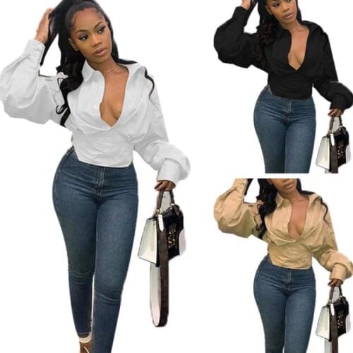 2121 Summer Womens New Style All Match Fashion Sexy Elegant Temperament Commuter Slim Solid Color Lantern Sleeve Shirt