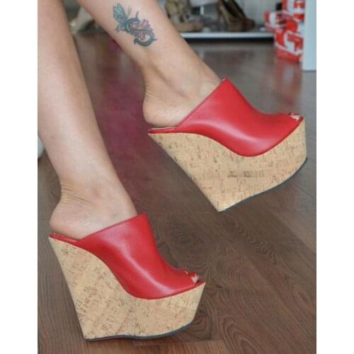 Moraima Snc Newest Peep Toe Platform Wedge Sandal Red Leather Summer Shoes Woman Sexy Super High Slippers Black 35-42