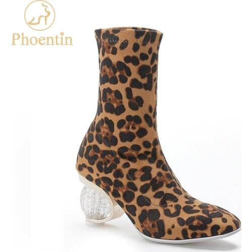 Phoentin leopard crystal heels boots mid calf Corduroy stretchable slim booties ladies slip on large size shoes 2019 new FT761