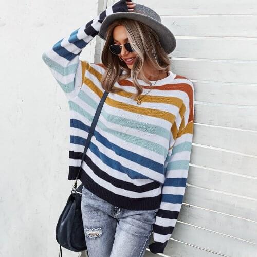 Women Stripe Knitted Casual Sweater Autumn Winter Female Long Sleeve O-Neck Pullover Elegant Sweaters Femme Loose Tops Clothes