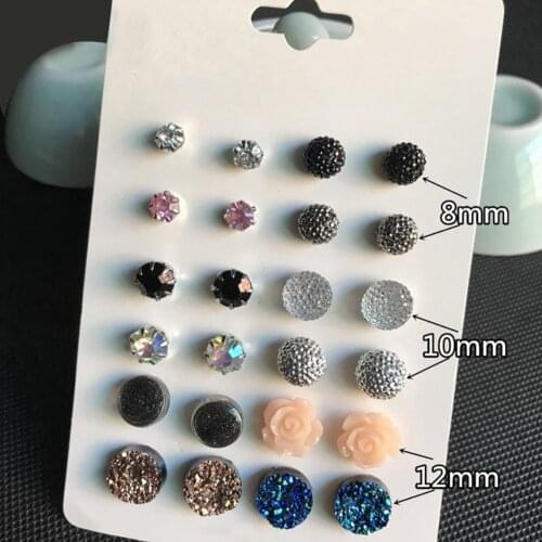 12Pairs/Set Stud Earrings Charming Women Round Rhinestone Flower Stud Earrings Jewelry Gift aretes de mujer серьги висячие