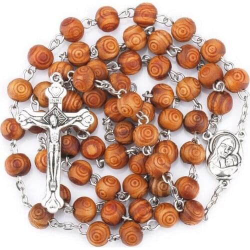 12PC Wood Beads Five Decade Catholic Rosary Necklace Mary Center With Holy Soil INRI Cross Pendant Necklace Long Strand Necklace