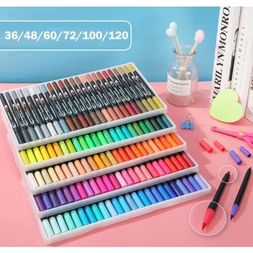 36/48/72/100/120 Color Fine Liner Dual Tip Brush Pen Drawing Painting Watercolor Art Marker Pens For School Stationery Supplies