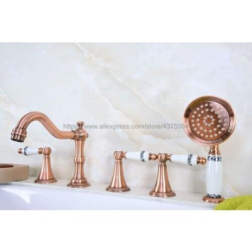 Antique Red Copper Bathtub Faucet 3 handle 5 hole Bathroom Faucet Set Rainfall Shower Hand Basin Hot Cold Mixer Tap Ntf214