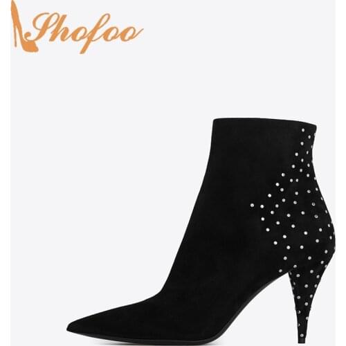 Black Ankle Boots High Spike Heels Woman Pointed Toe Booties Zip Flock Large Size 14 15 Ladies Fashion Silver Rivet Shoes Shofoo