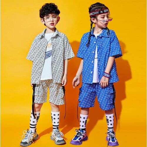 Street Dance Kids Hip Hop Clothing Short Sleeve Letters Printed Shirts Shorts Boys Girls Drum Jazz Dance Costume Summer BL6340