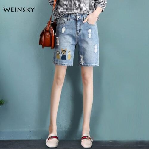 New Women Fashion Embroidery Denim Shorts Plus Size Summer Casual Style Ripped Jeans