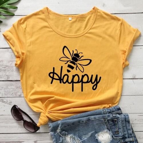 Bee Happy 100%Cotton T-shirt Funny Unisex Short Sleeve Inspirational Tee Shirt Top Women Summer Grunge Graphic Tshirt vestido