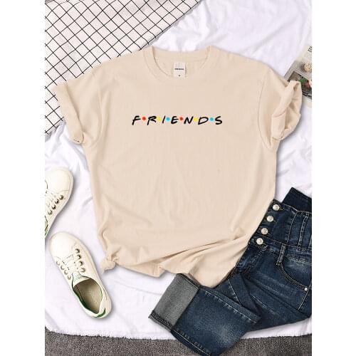 Creative Friends Letter Print T-Shirt Womens Casual Tees Japan Harajukua Style Loose Round Neck Clothing Girl Slim Funny Tshirt