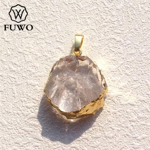 FUWO Natural Crystal Quartz Slice Pendant 24K Electroplated High Quality Round Clear Crystal Healing stone Jewelry PD061