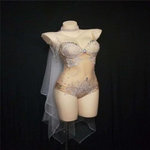 H62 Pole Dance Rhinestone Party Chain Singer Backless Show Crystal Diamonds Drilling Pearls Veil Fashion Mesh Sexy Bodysuit Par