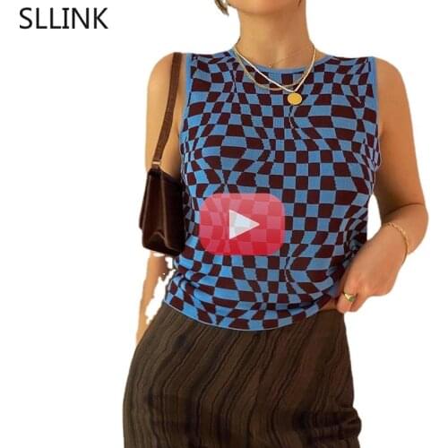 Summer Knit Crop Top Women Sleeveless Tank Top Basic T Shirts Casual Checker Plaid Vest Streetwear Tank Top Vintage