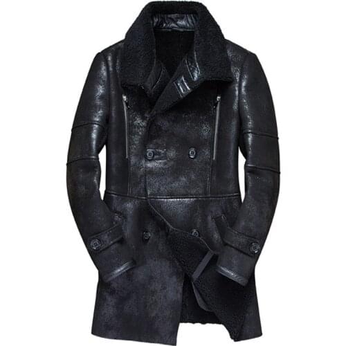 Denny&Dora Mens Shearling Coat Mens Fur Coat Long Military Style Sheepskin Leather Jacket Motorcycle Jacket