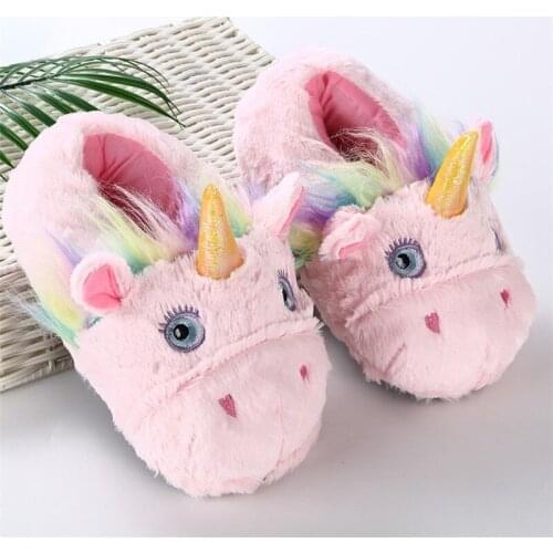 New Women Cute Cartoon White Pink Unicorn Plush Slippers Girls Bedroom Soft Flat Slides Ladies Casual Warm House Non Slip Shoes