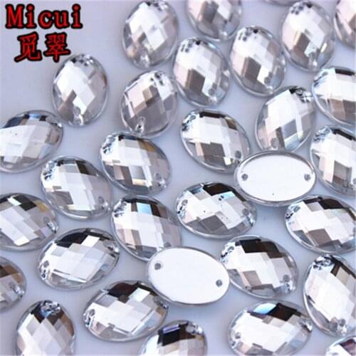 Micui 100Pcs 10*14mm Clear Oval Acrylic Rhinestones Crystal Flatback Gems Crystals Stone For Clothes Crafts Sew On 2 Hole ZZ661G
