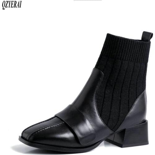 QZYERAI New style Genuine leather Womens boots European style fashion cowhide Female boots Autumn and winter shoes Size 34-40