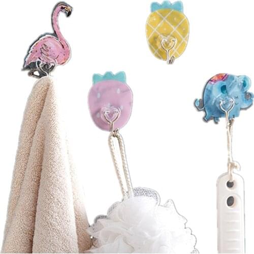 Cartoon Fruit/Animal Cute Flamingo Self Adhesive Wall Hooks Kitchen Bathroom Sundries Organize Home Decor Cartoon Key Rack