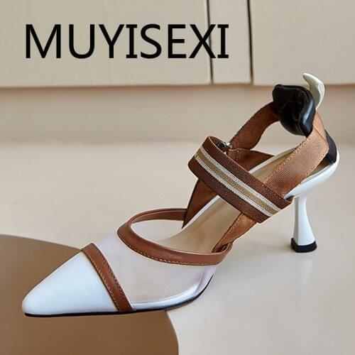6cm high thin heels mixed color air mesh sexy pointed toe fashion cozy dating breathable shallow summer sandals SHUI04 MUYISEXI