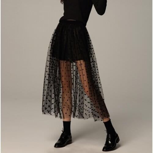 Spring Summer Overskirt Gothic Black Polka Dot Long See Through Mesh Tulle Skirt Vintage Streetwear Elastic Waist Pleated Skirts