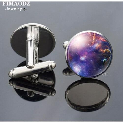 FIMAODZ Charm Nebula Galaxy Cufflinks Space Universe Moon Planet Glass Photo Cuff Links for Men Wedding Shirt Cuff Buttons Gift