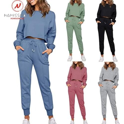 Women Solid Color Casual 2 Piece Outfist Drawstring Design Pockets Decor High Waist Slim Pencil Pants+O-Neck Long Sleeve Top