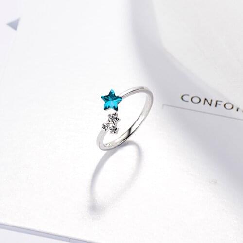 Fashion Silver color Ocean Blue Crystal Little Star with Micro CZ Opening Rings For Women Girl Wedding Jewelry anillos