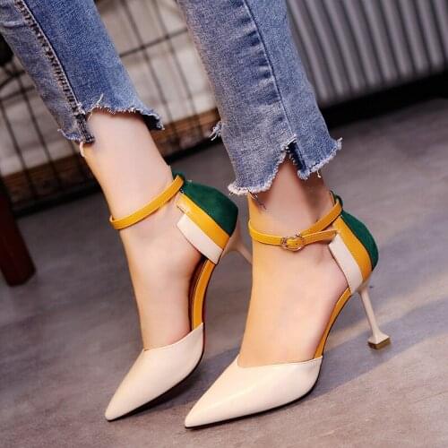 Women High Heels Pointed-toe Shoes Sweet Color-blocking Stiletto Heel Sandals Shoes Zapatos De Mujer Sapato Feminino W21-67