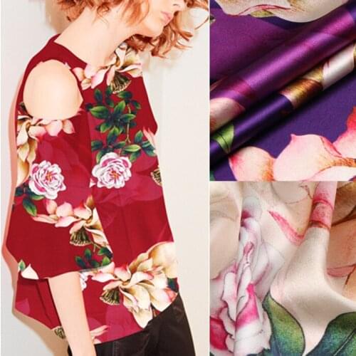 118cm wide 19mm 93% silk & 7% spandex lotus print stretch silk satin fabric for dress shirt clothes cheongsam 3 colors D687