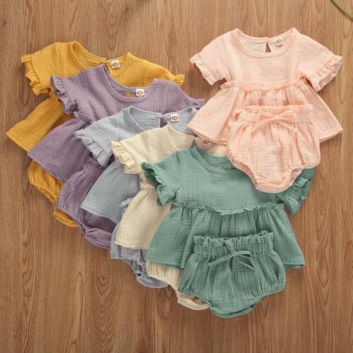 0-24M Newborn Infant Baby Girls Clothing Sets Ruffles Short Sleeve Tops + Shorts 2 Pieces