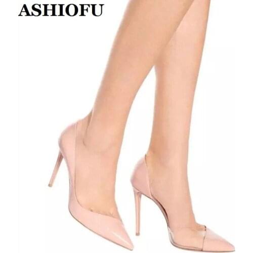 ASHIOFU Hot Sale Womens Stiletto Heels Pumps Patchwork PVC&Faux Leather Office Dress Shoes Pointy Slip-on Evening Fashion Shoes