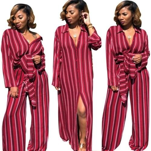 2021 New Fashion Striped Printed Loose Long Dress Wide Leg Pants Striped Casual Loose Single Breasted Floor Long Fashion Dress