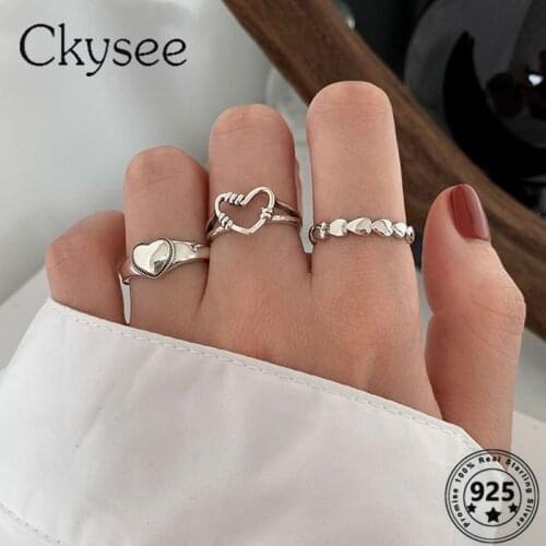 Ckysee 2021 News 925 Sterling Silver Ring Simple Adjustable Heart Rings For Women Daily Jewelry Silver 925 Vintage Jewelry