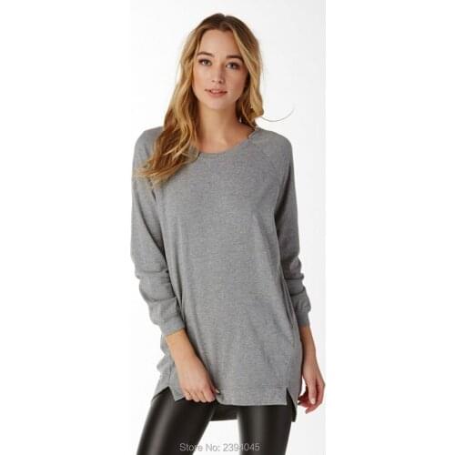 2016 Summer Women Clothes Casual Loose Brief Long Sleeve Solid Color Asymmetry Slit Cotton Plus size Tee Top