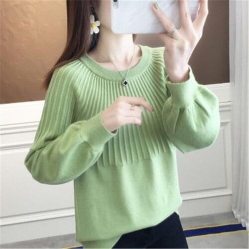 Fashion Womens Sweater 2021 Autumn Winter Knitted Pullover Casual Lantern Sleeve Women Tops Casual Solid Jumper Blue Green