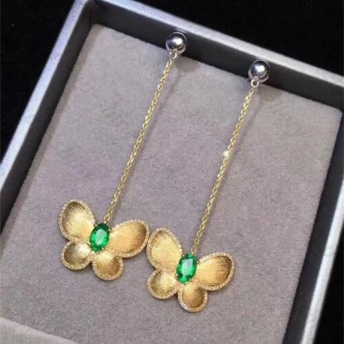 New natural emerald earrings 925 silver ancient silver earrings fresh and lovely design butterfly earrings