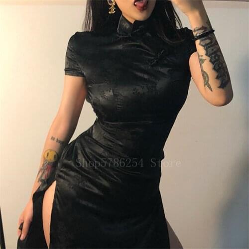 Sexy Woman Chinese Cheongsam Black Gothic Style High Split Night Club Party Dress Slim Embroidery Fashion Lady Bodycon Qipao