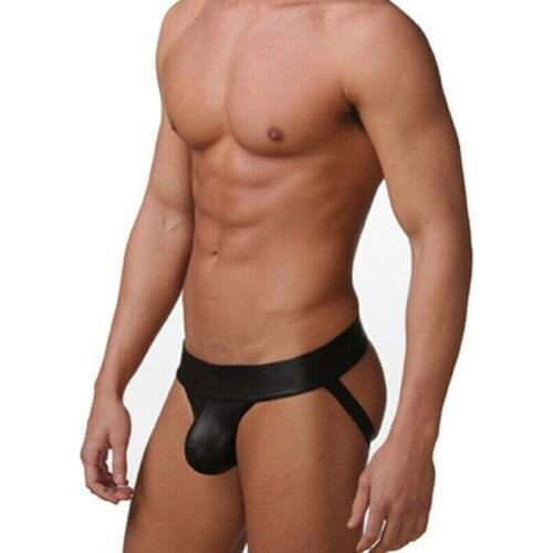 Sexy Mens Males Thongs Underwear G-string Faux Leather Jockstrap Underwear Erotic Briefs Black