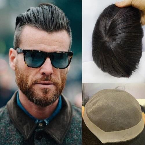 Fine Mono Mens Hair Replacement System Indian Human Hair Toupee 120% Hair Denstiy Mono Wig for Men