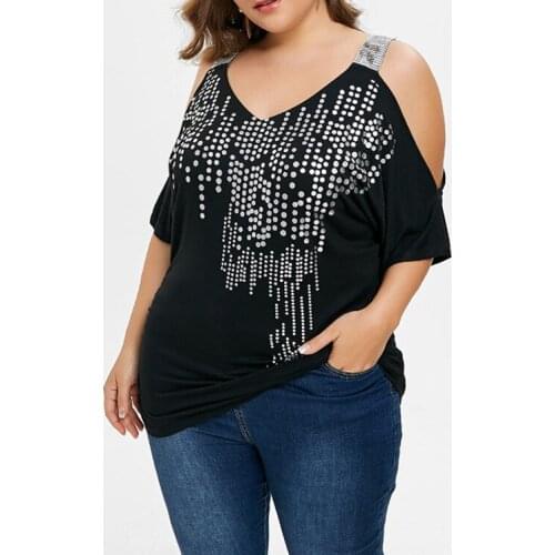 Haut grande taille femme 5xl Summer sexy off shoulder v neck short sleeve dot spaghetti strap tops alternative black t shirt