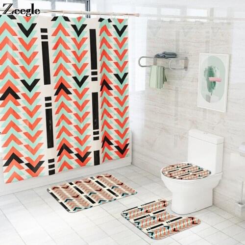 Triangle Abstract Print Shower Curtain Set Polyester Carpet Bathroom Absorbent Toilet Seat Cover Mat and Anti-slip Floor Carpet