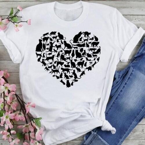 Women Sweet 90s Cat Pet Love Trend Cartoon Summer Fashion Print Short Sleeve Lovely Clothes Tops Tees Tshirt T-Shirt
