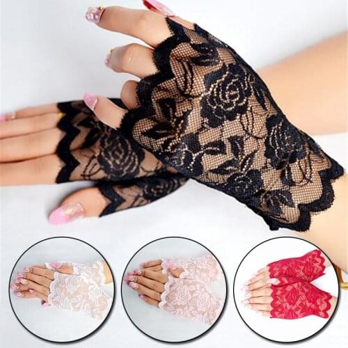 Summer Lace Gloves Women Driving Short Breathable Fingerless Lace Delicate Rose Flower Pattern Bride Wedding Party Glove