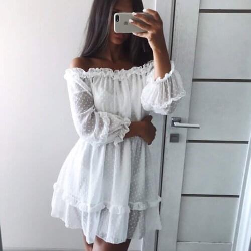 Werynica 2020 new womens summer ruffle dress white dress bare shoulders slash neck dress women mini beach dresses for female