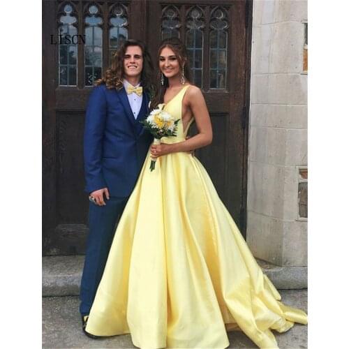 Robe de Soiree Yellow Sexy Deep V Neck Long Train Simple Satin A-line Wedding Dress Party Backless Women Bridal Gown with Pocket