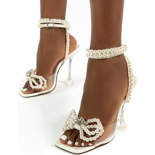 2021 New Lace Up White Pearl String Bow High Heel Sandals Women Gladiator Sexy Transparent Heels Party Wedding Pump Shoes