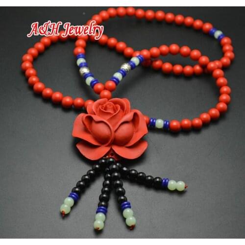 5pcs High Quality Red Cinnabar Carved Rose Flower Pendants 8mm Round Beads Wholesale Winter Jewelry Sweater Chain Necklace