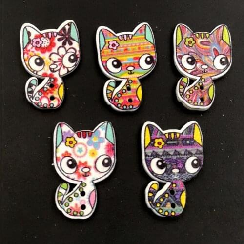 50Pcs/Set Buttons 2-Hole Handmade Wooden Colorful Cartoon Mixed Color Unique Kitten Patterns Small Kitten Buttons Clothes Hot