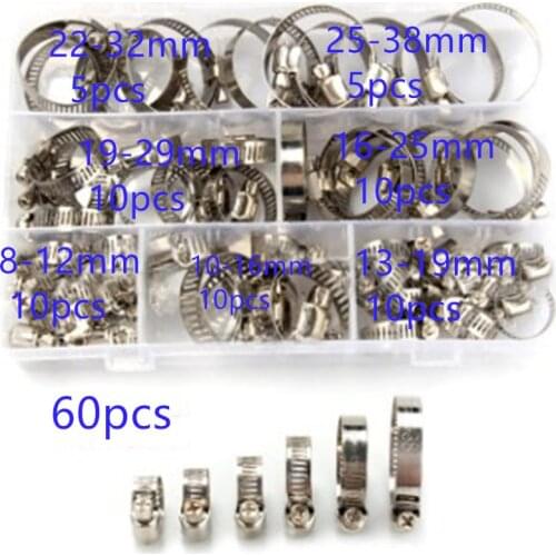 60/80/100 PCS/Box Multi Size 8mm-44mm Stainless Steel Hoop Clamp Hose Clamp Stainless Steel Set automotive pipes clip Fixed tool